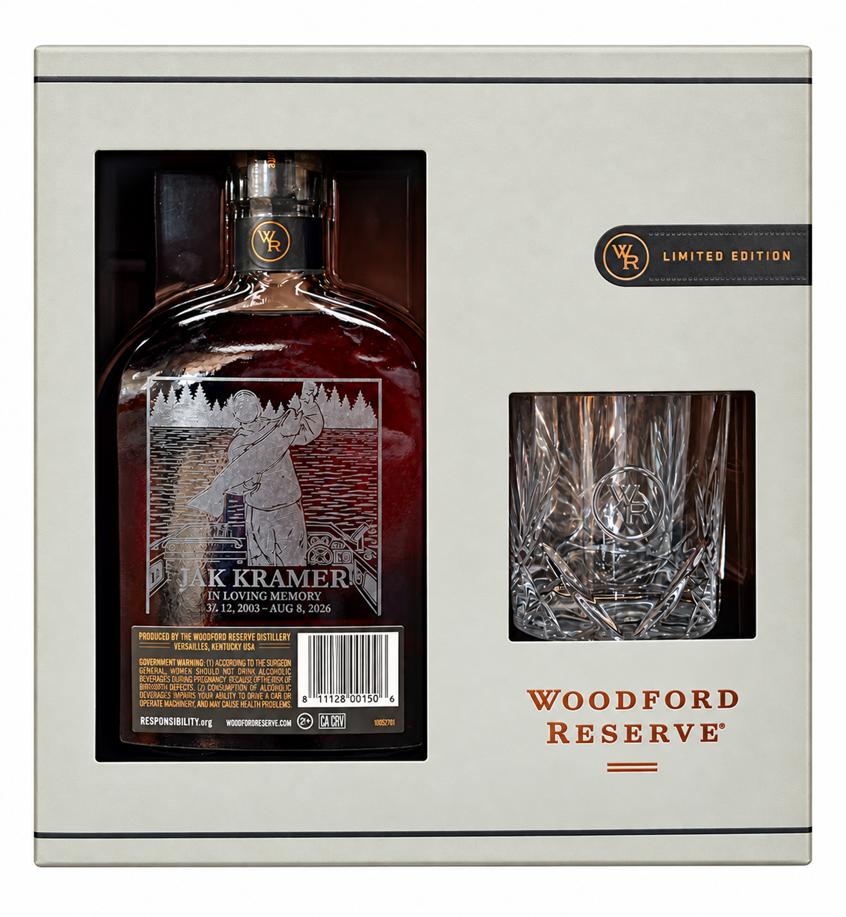 Woodford Reserve Jak Kramer memorial engraved bottle and glass in the original gift box